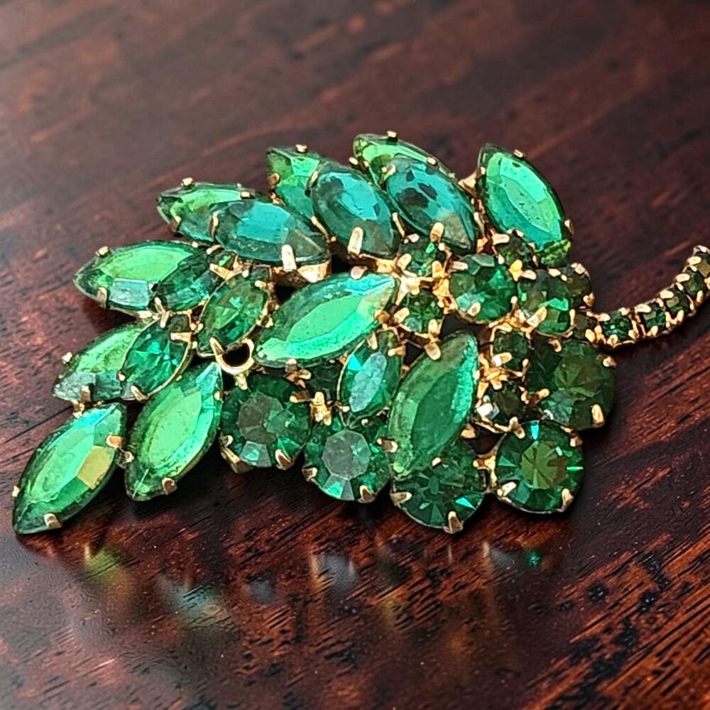 Vintage Green Rhinestone Leaf Spray Brooch 3" Gold Tone Statement Estate